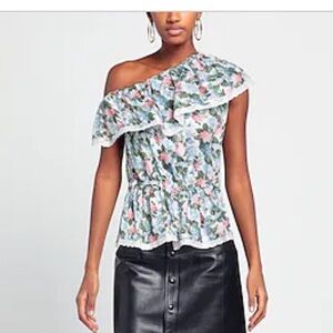 LORETTA CAPONI One Shoulder Ruffle Floral Print Top